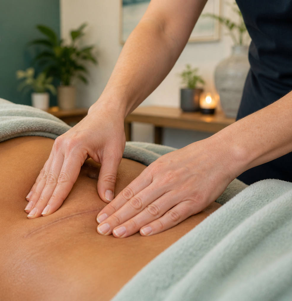 Image of a massage therapist giving scar tissue release work to a client